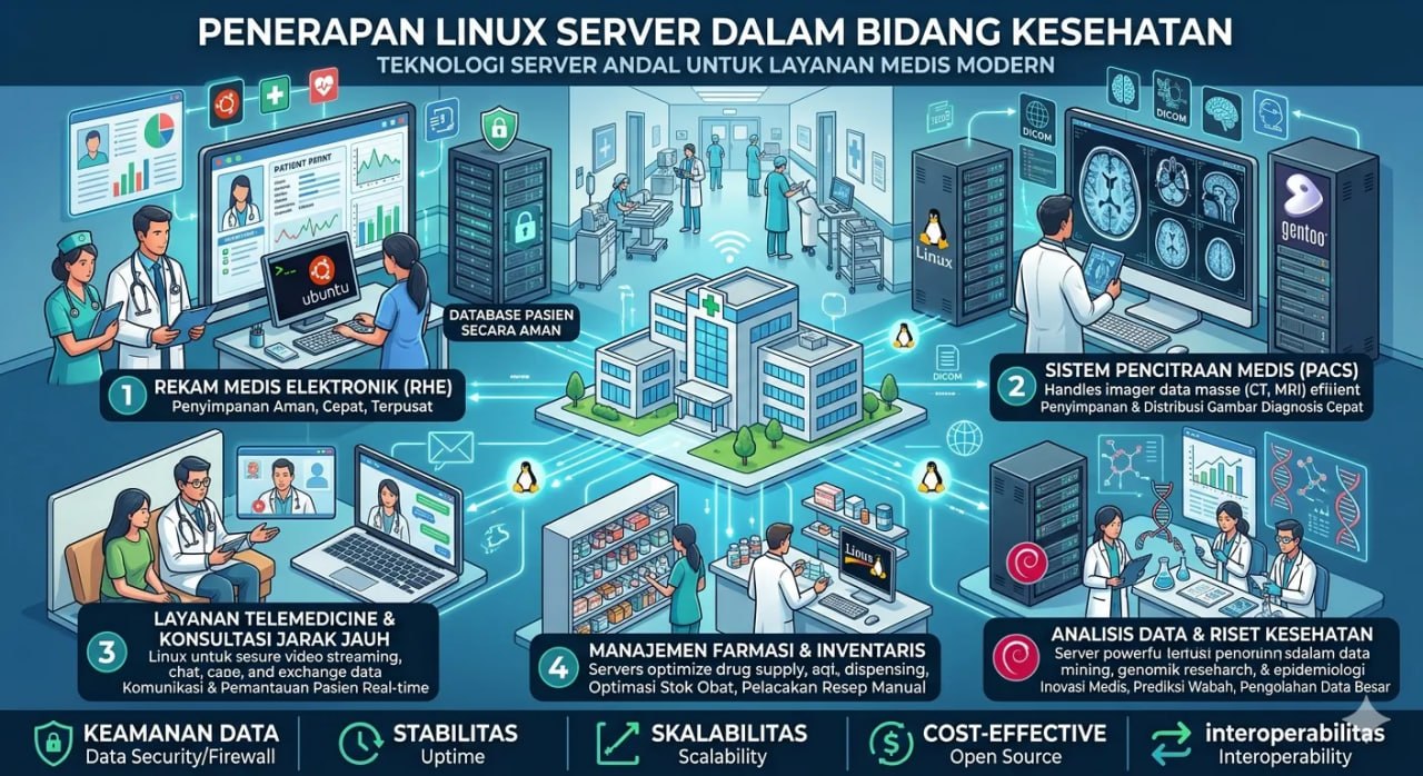 Ilustrasi server Linux di bidang kesehatan untuk sistem rumah sakit digital modern